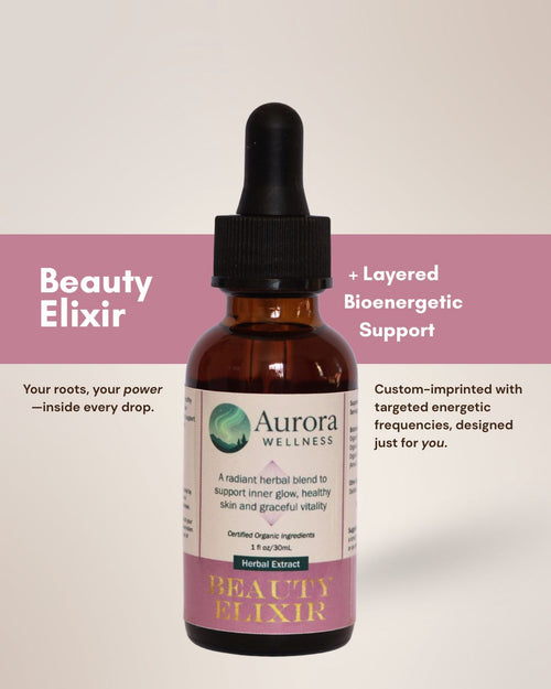 Beauty Elixir herbal tincture for skin and glow, label detail